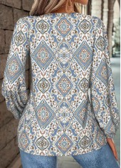 Tribal Print Tummy Coverage Dusty Blue Long Sleeve Blouse
