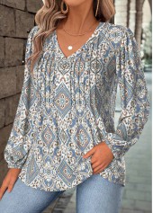 Tribal Print Tummy Coverage Dusty Blue Long Sleeve Blouse