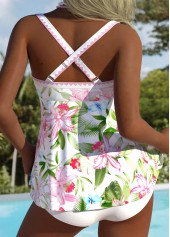 Mid Waisted Floral Print Tummy Coverage White Tankini Set