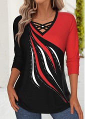 Geometric Print Tummy Coverage Wine Red T Shirt