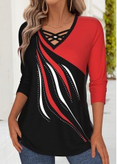 Geometric Print Tummy Coverage Wine Red T Shirt