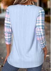 Plaid Tummy Coverage Light Blue Long Sleeve T Shirt