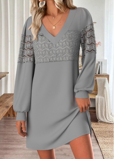 Tummy Coverage Grey Short Long Sleeve V Neck Dress