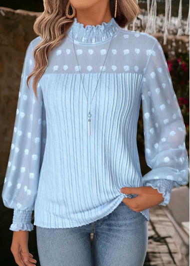 Tummy Coverage Light Blue Long Sleeve High Neck Blouse