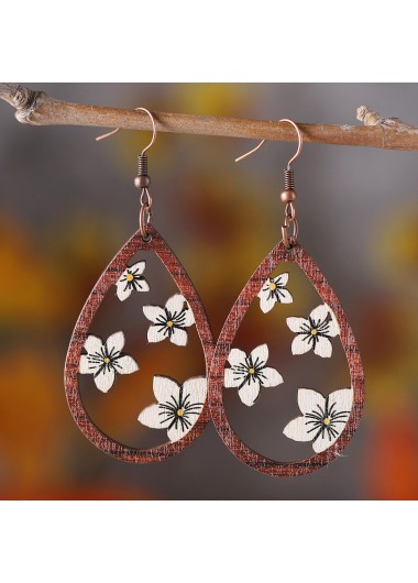 Dark Coffee Floral Droplet Wood Earrings