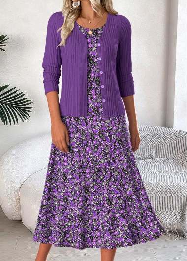 Ditsy Floral Print Tummy Coverage Purple Dress and Cardigan