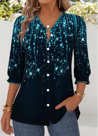 Ombre Tummy Coverage Navy 3/4 Sleeve V Neck Blouse