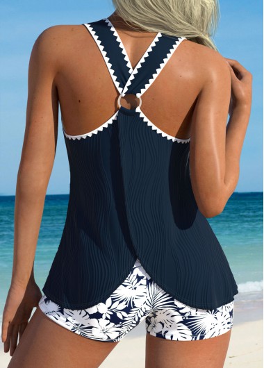 Mid Waisted Floral Print Tummy Coverage Navy Tankini Set