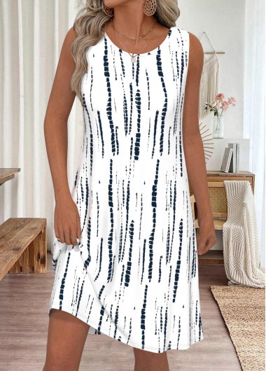 Tie Dye Print White Sleeveless Round Neck Dress Tie Dye Print White Sleeveless Round Neck Dress
