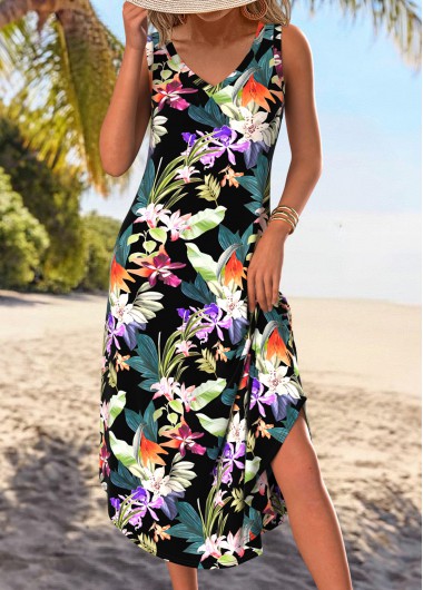 Floral Print Tummy Coverage Black A Line Sleeveless Dress