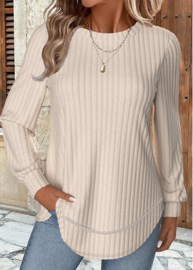 Beige Long Sleeve Round Neck Sweatshirt Beige Long Sleeve Round Neck Sweatshirt