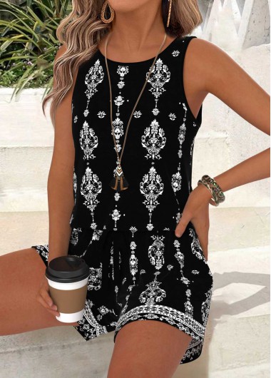 Tribal Print Tummy Coverage Black Sleeveless Tank Top