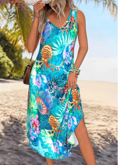 Marine Life Print Tummy Coverage Multi Color Sleeveless Dress