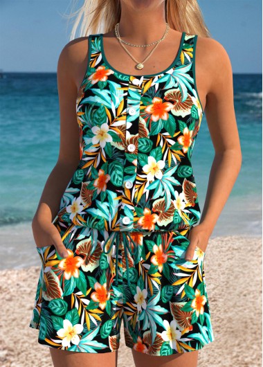 Floral Print Tummy Coverage Turquoise One Piece Swimwear