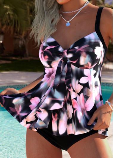 Mid Waisted Floral Print Tummy Coverage Pink Tankini Set