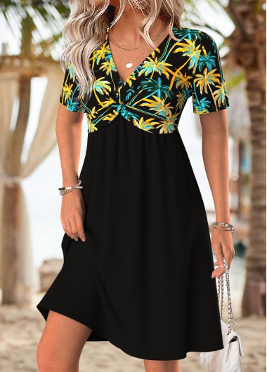 Tropical Plants Print Tummy Coverage Black Short Dress