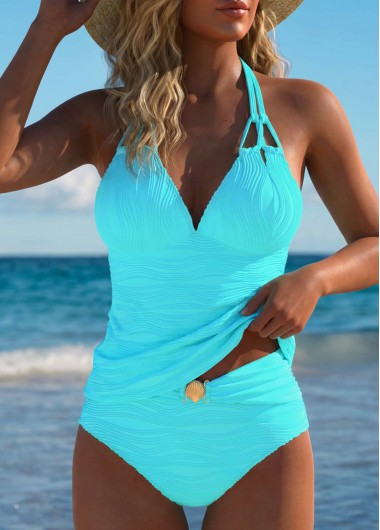 Mid Waisted Tummy Coverage Cyan Tankini Set