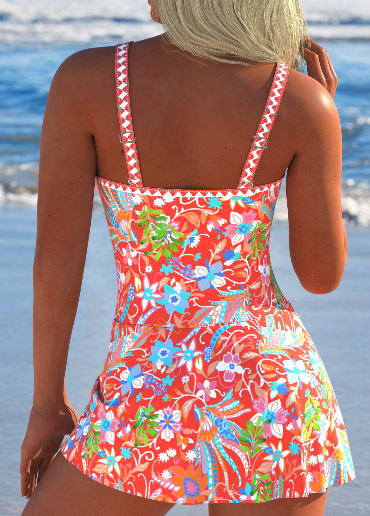Floral Print Tie Coral One Piece Swimdress