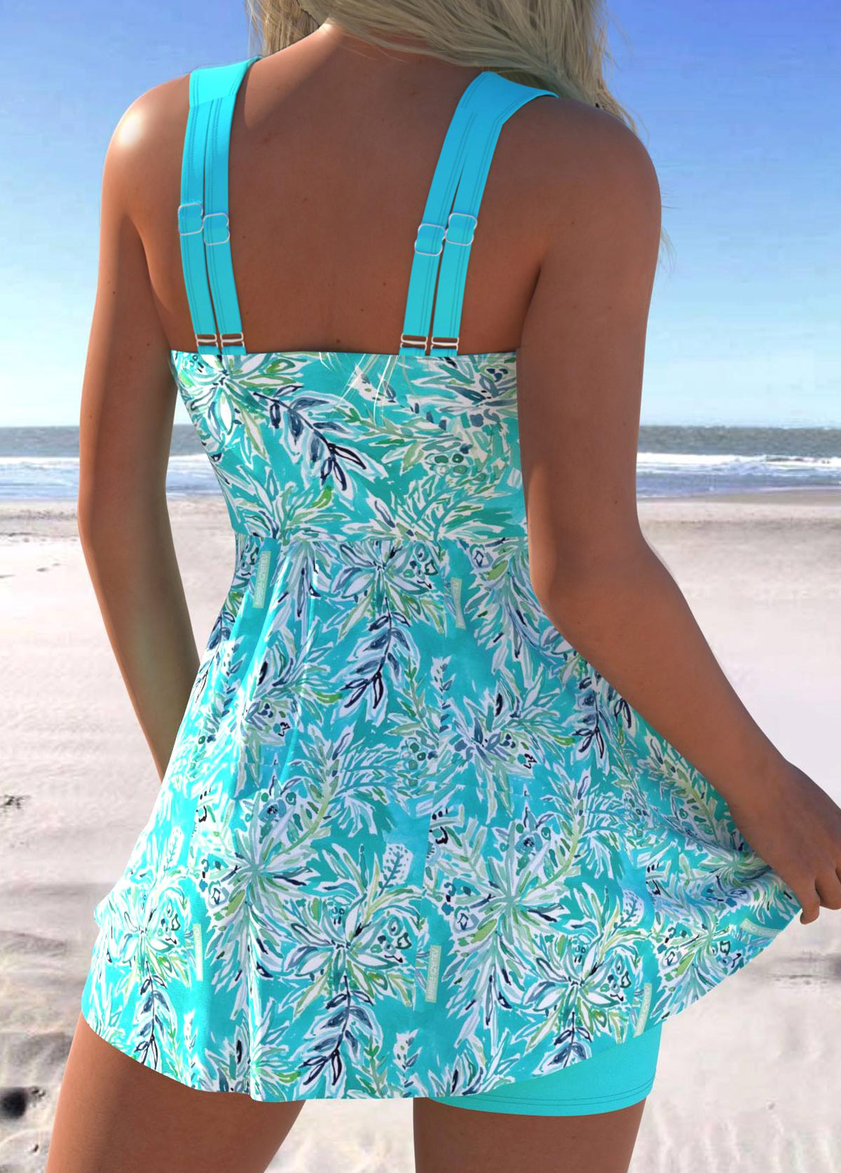 Plus Size Mid Waisted Cyan Leaf Print Tankini Set