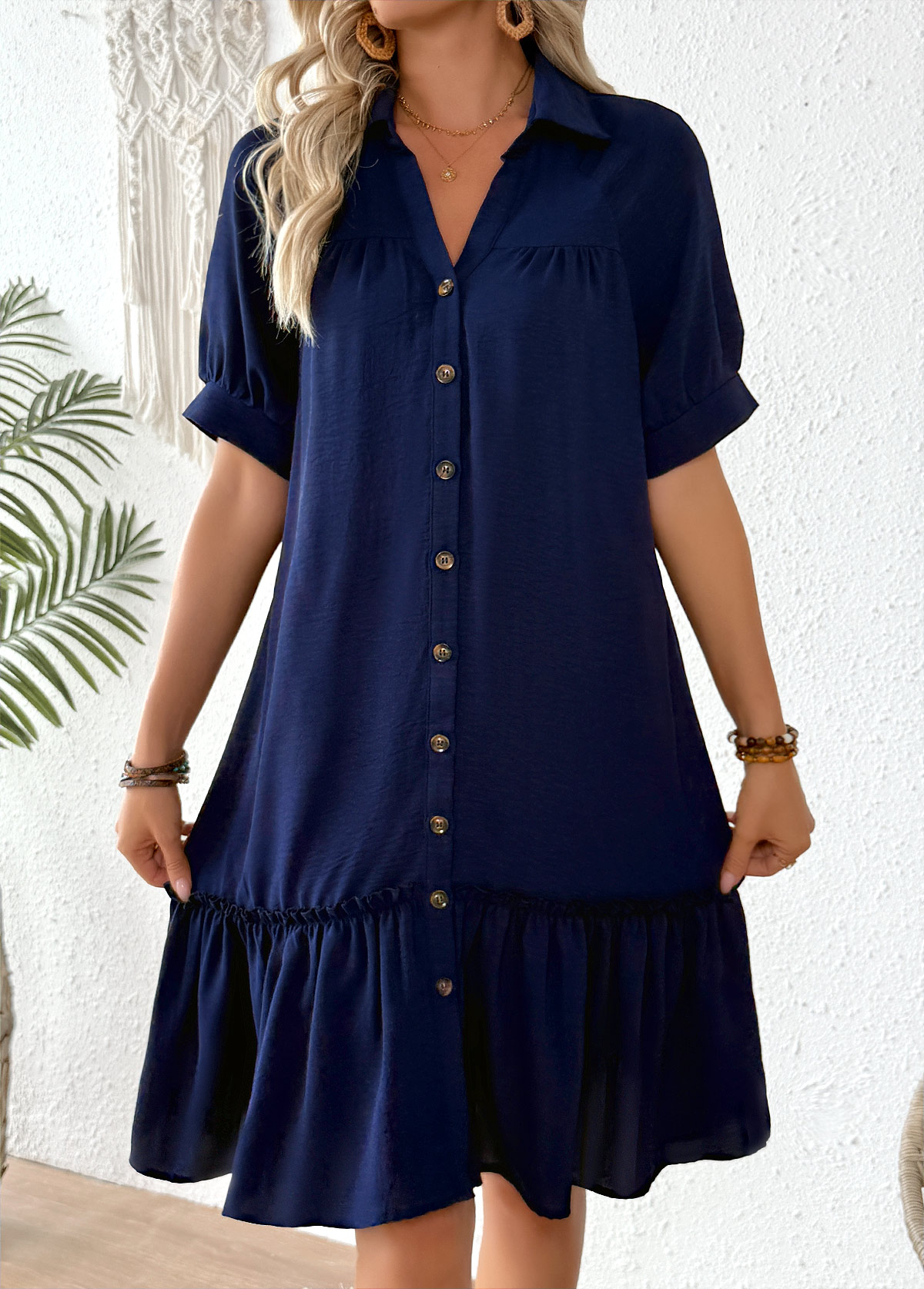 Patchwork Navy Half Sleeve Shirt Collar Dress