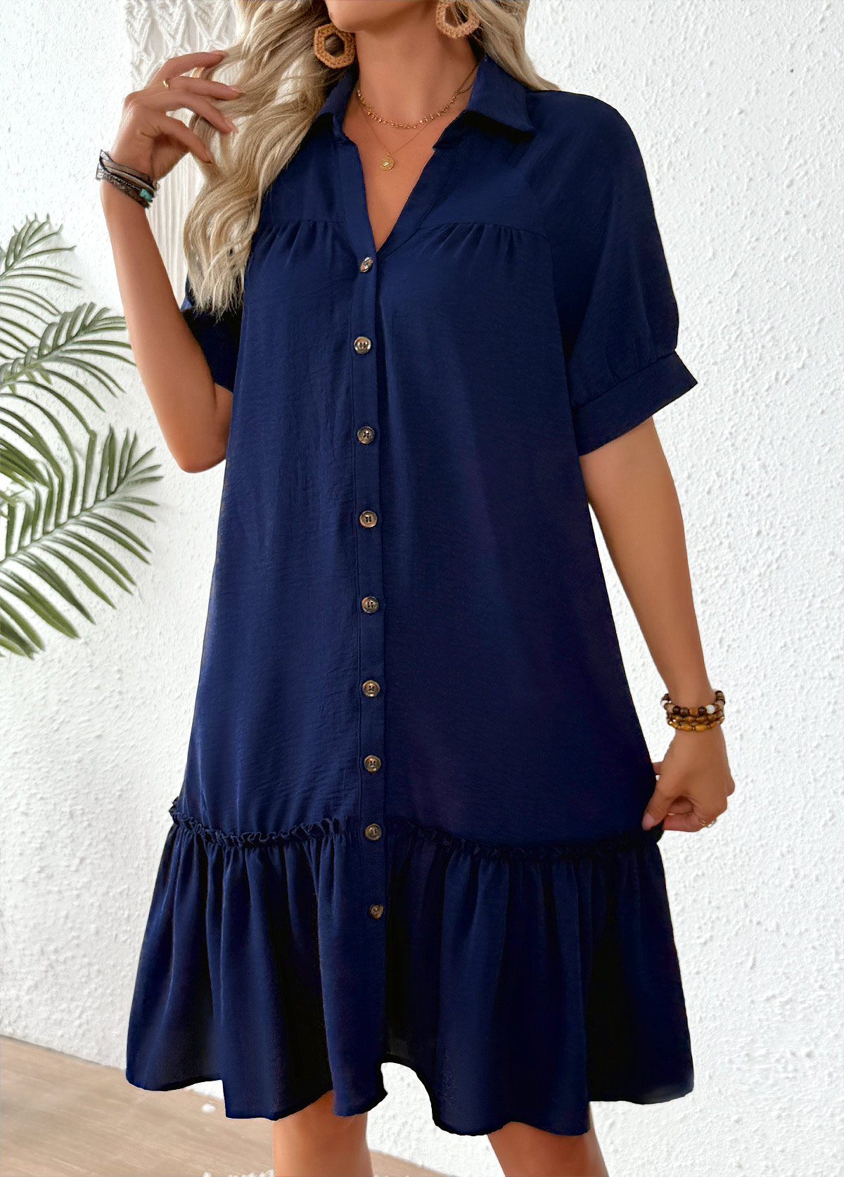 Patchwork Navy Half Sleeve Shirt Collar Dress