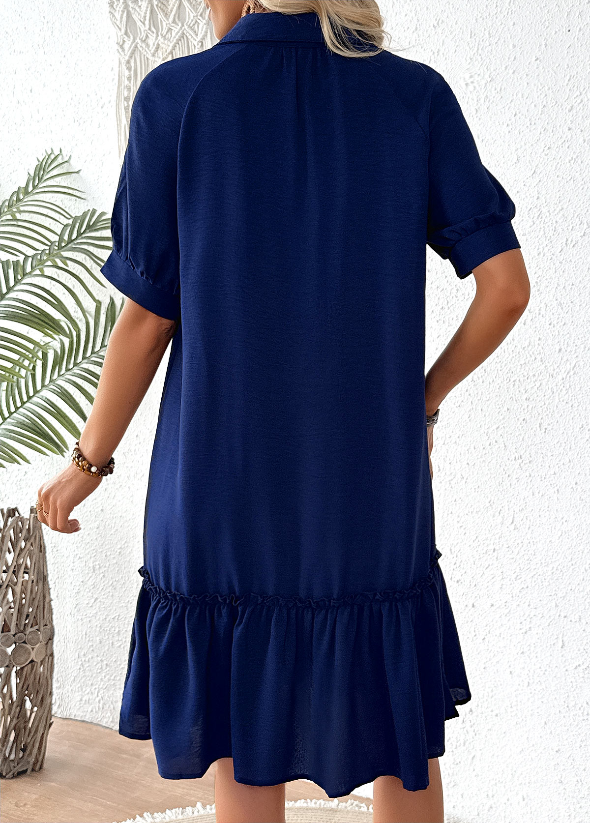 Patchwork Navy Half Sleeve Shirt Collar Dress