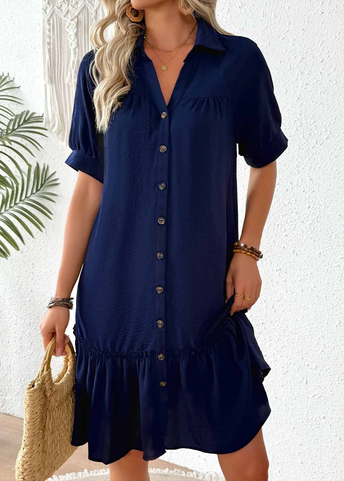 Patchwork Navy Half Sleeve Shirt Collar Dress