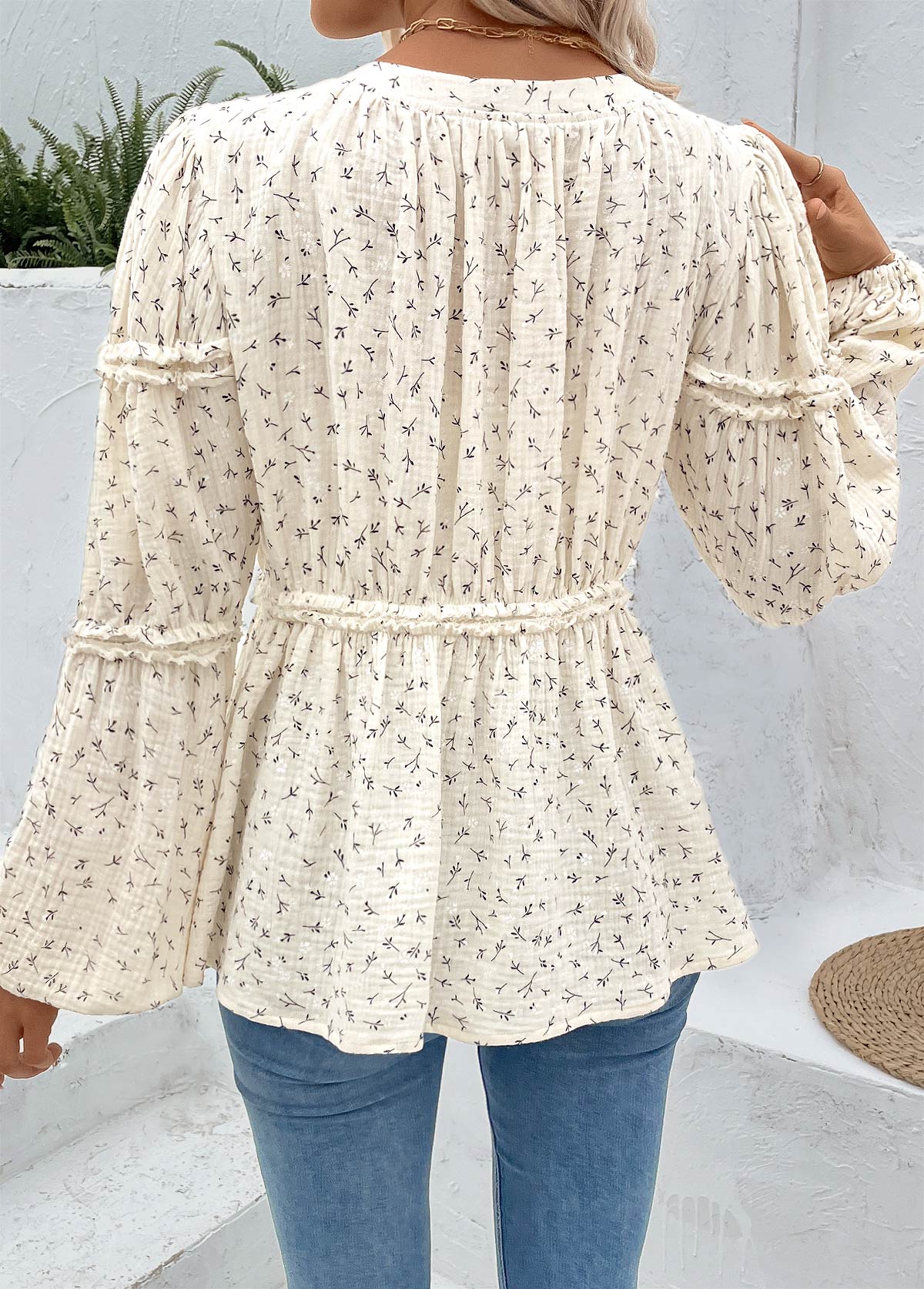 Ditsy Floral Print Peplum Beige Long Sleeve Blouse