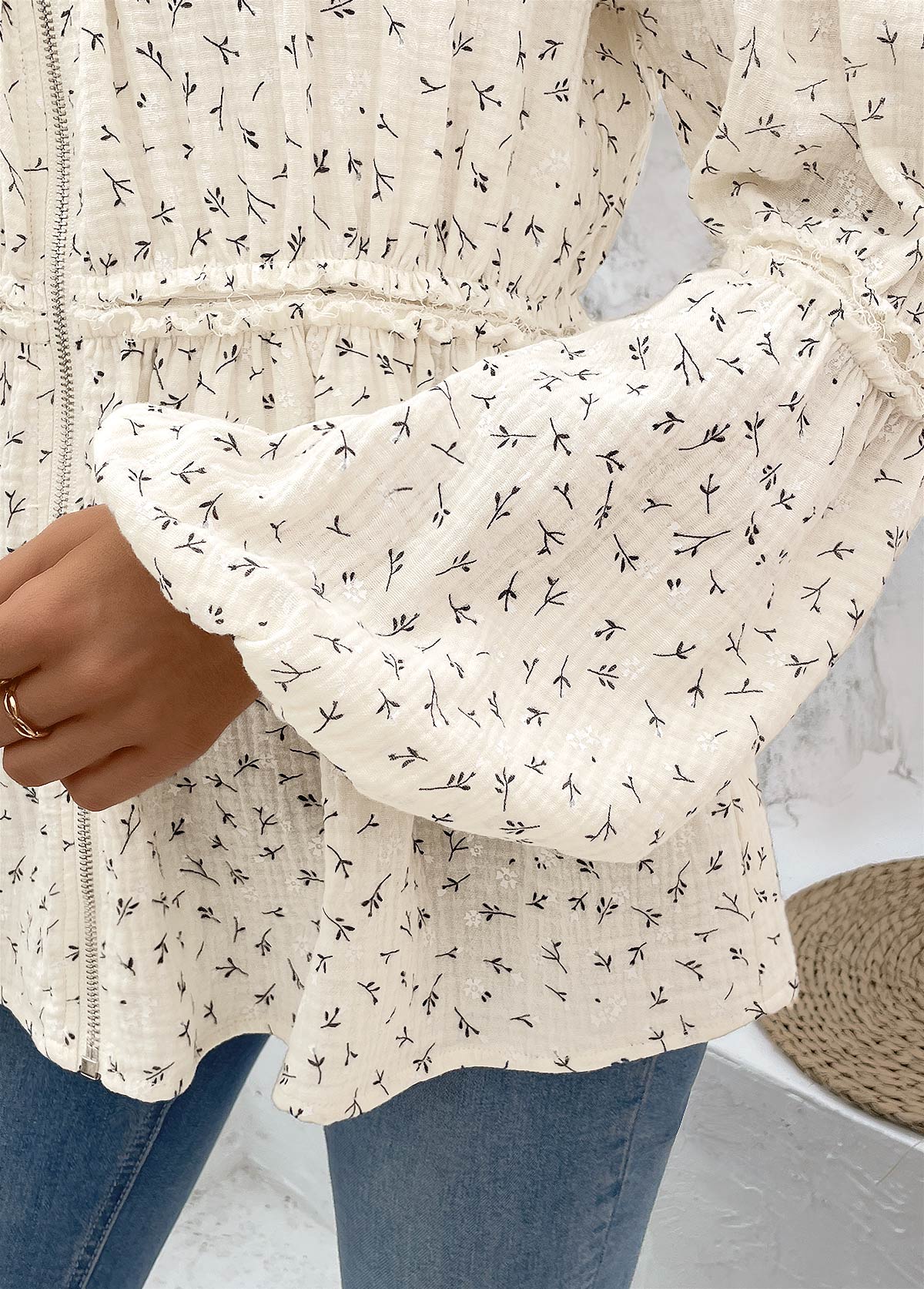 Ditsy Floral Print Peplum Beige Long Sleeve Blouse