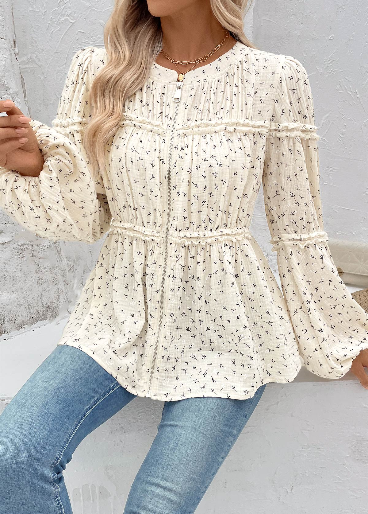 Ditsy Floral Print Peplum Beige Long Sleeve Blouse