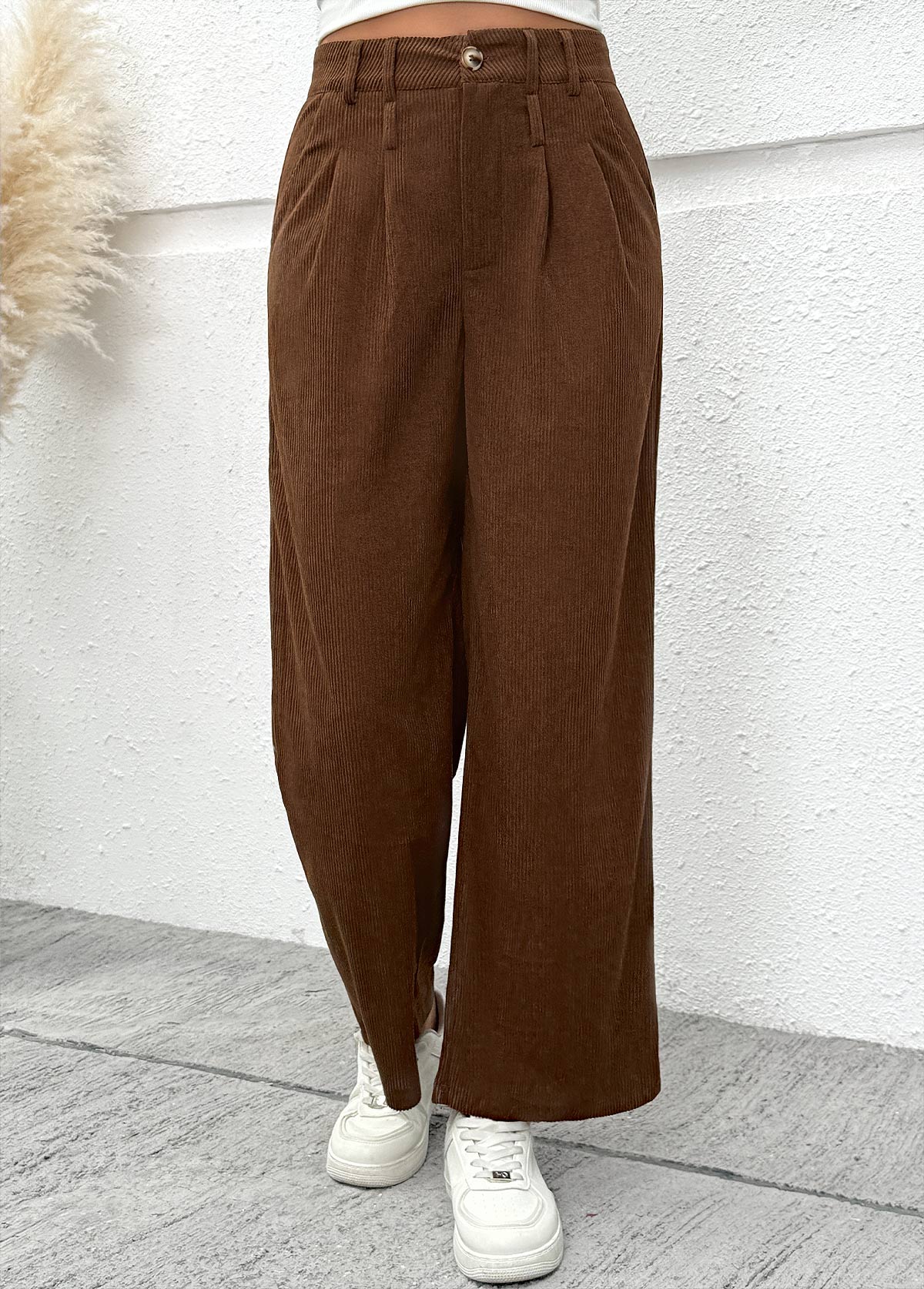 Dark Coffee Wide Leg Button Fly High Waisted Pants