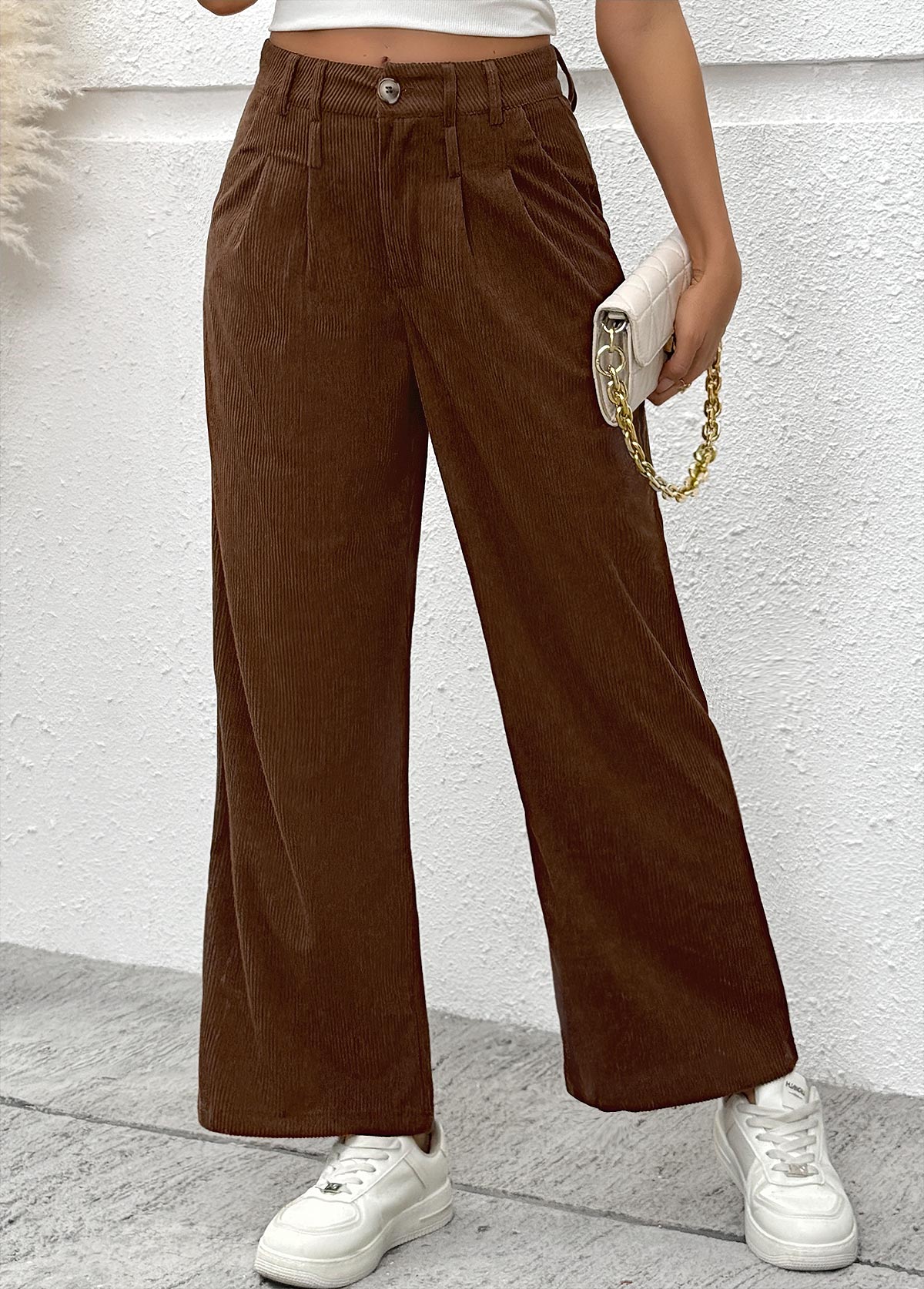 Dark Coffee Wide Leg Button Fly High Waisted Pants
