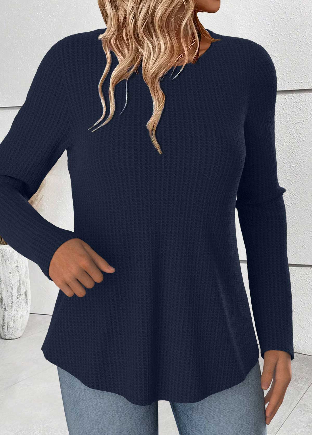 Tummy Coverage Navy Long Sleeve Round Neck T Shirt