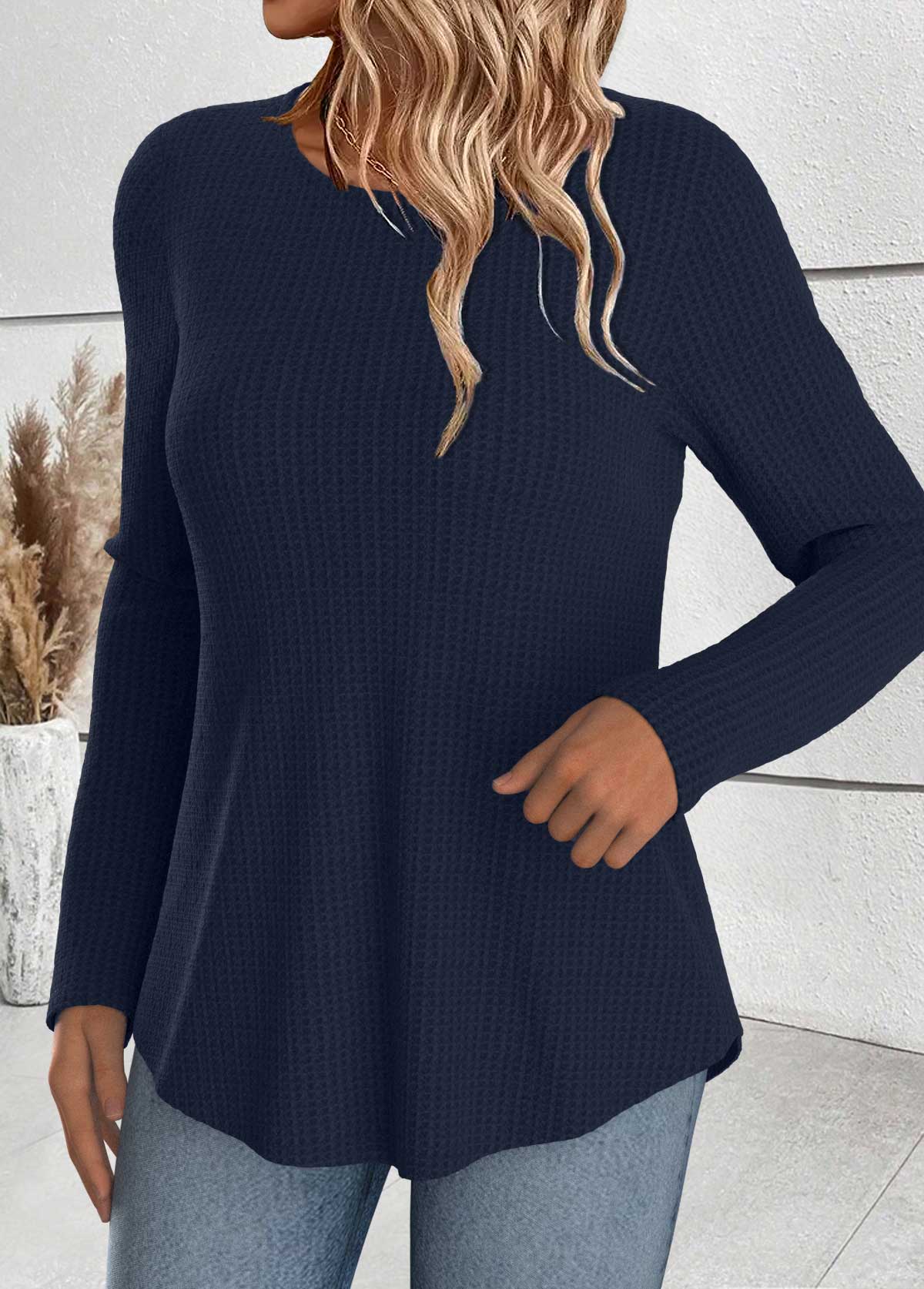 Tummy Coverage Navy Long Sleeve Round Neck T Shirt
