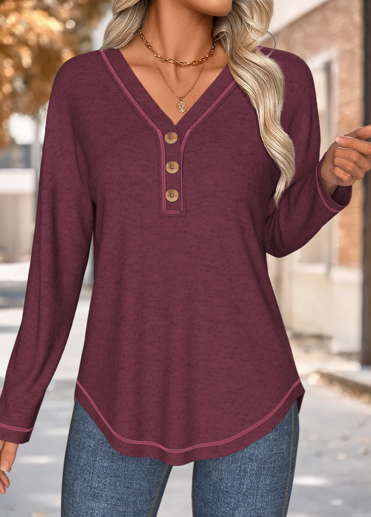Tummy Coverage Wine Red Long Sleeve T Shirt