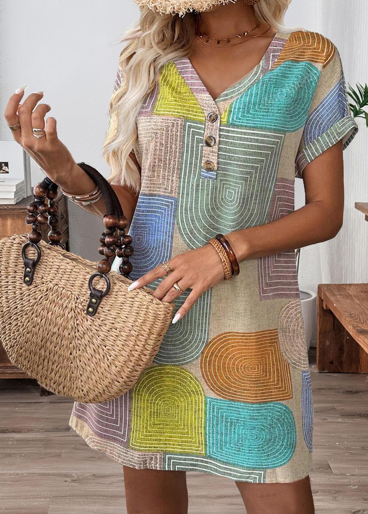 Geometric Print Patchwork Multi Color Short V Neck Dress