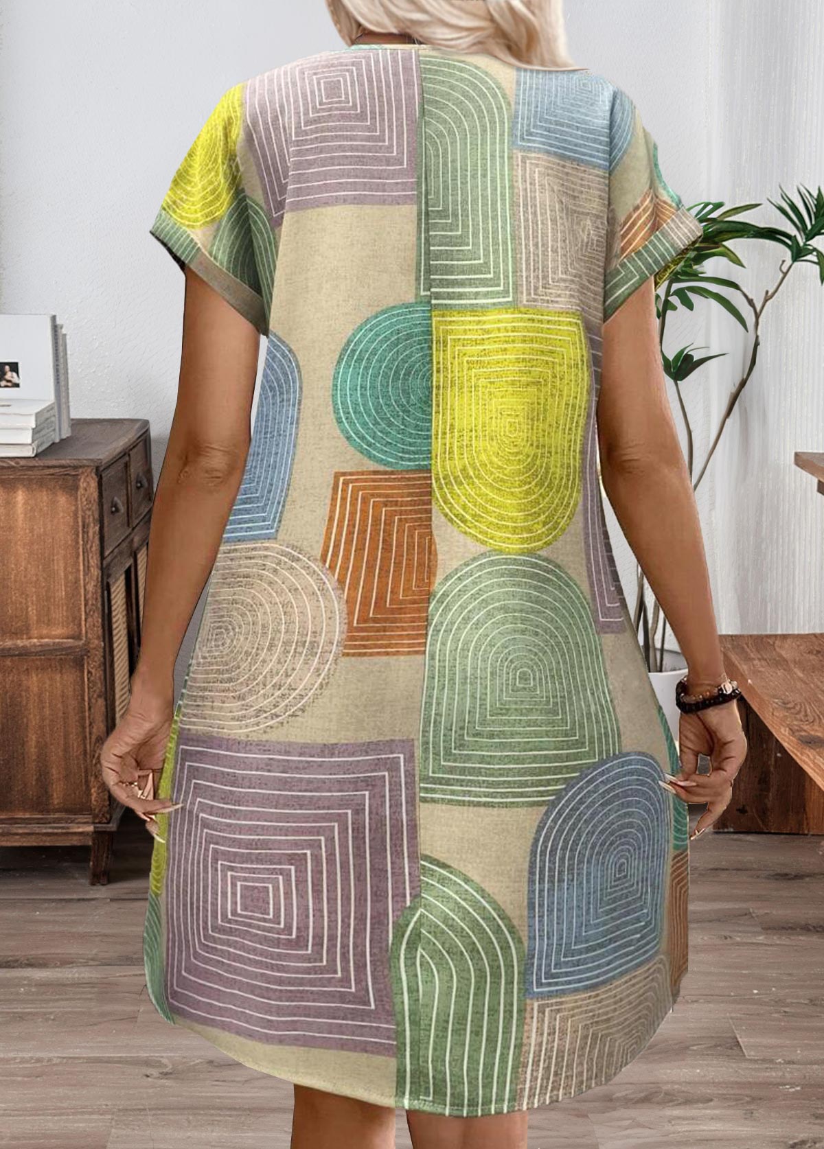 Geometric Print Patchwork Multi Color Short V Neck Dress