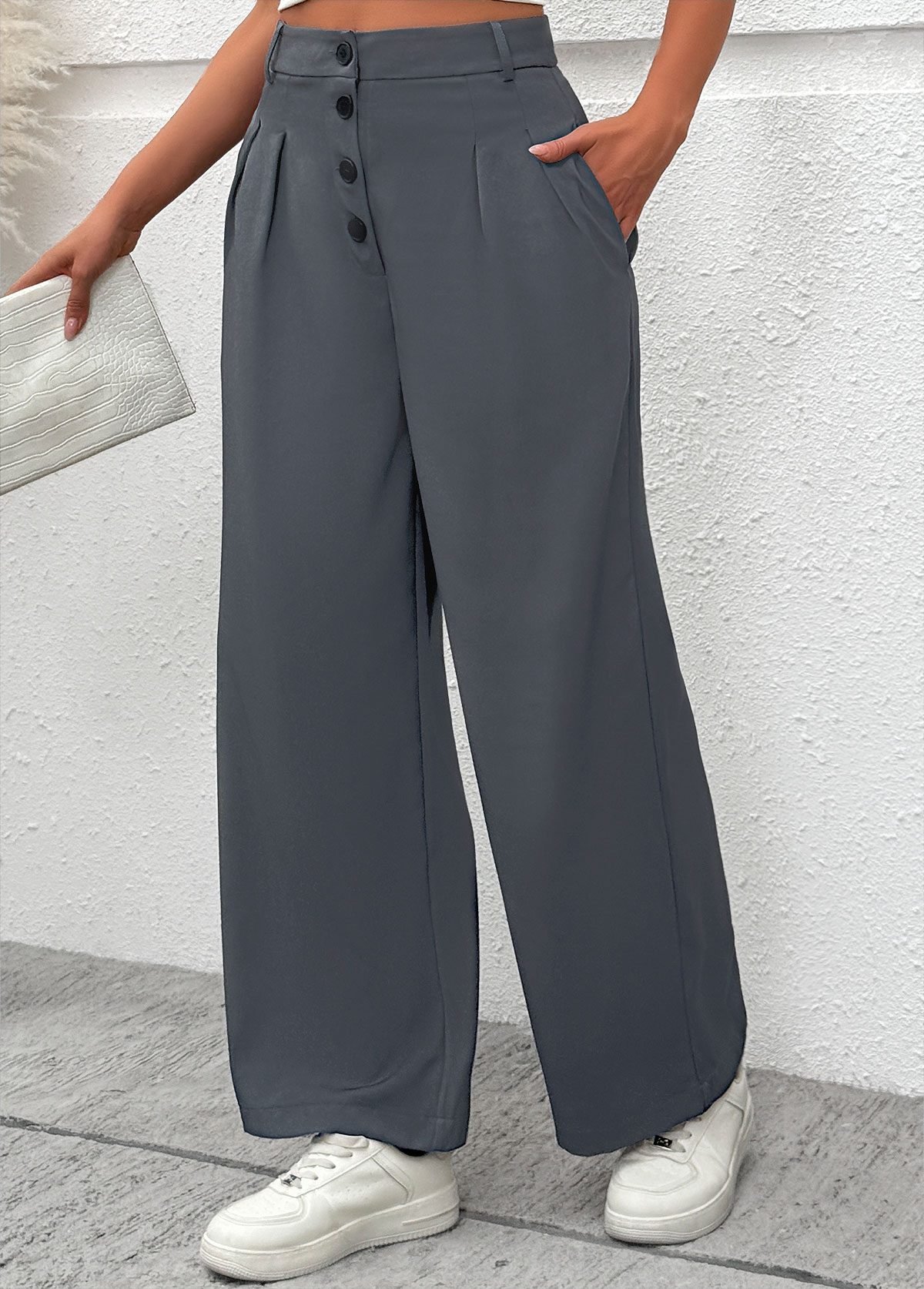 Flowy Dark Grey Wide Leg Button Fly Pants