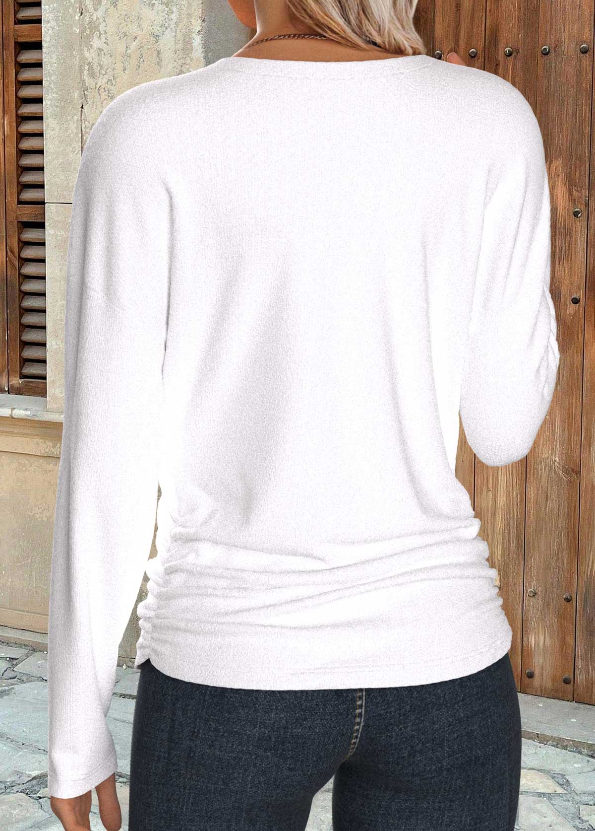 Shirred White Long Sleeve V Neck T Shirt