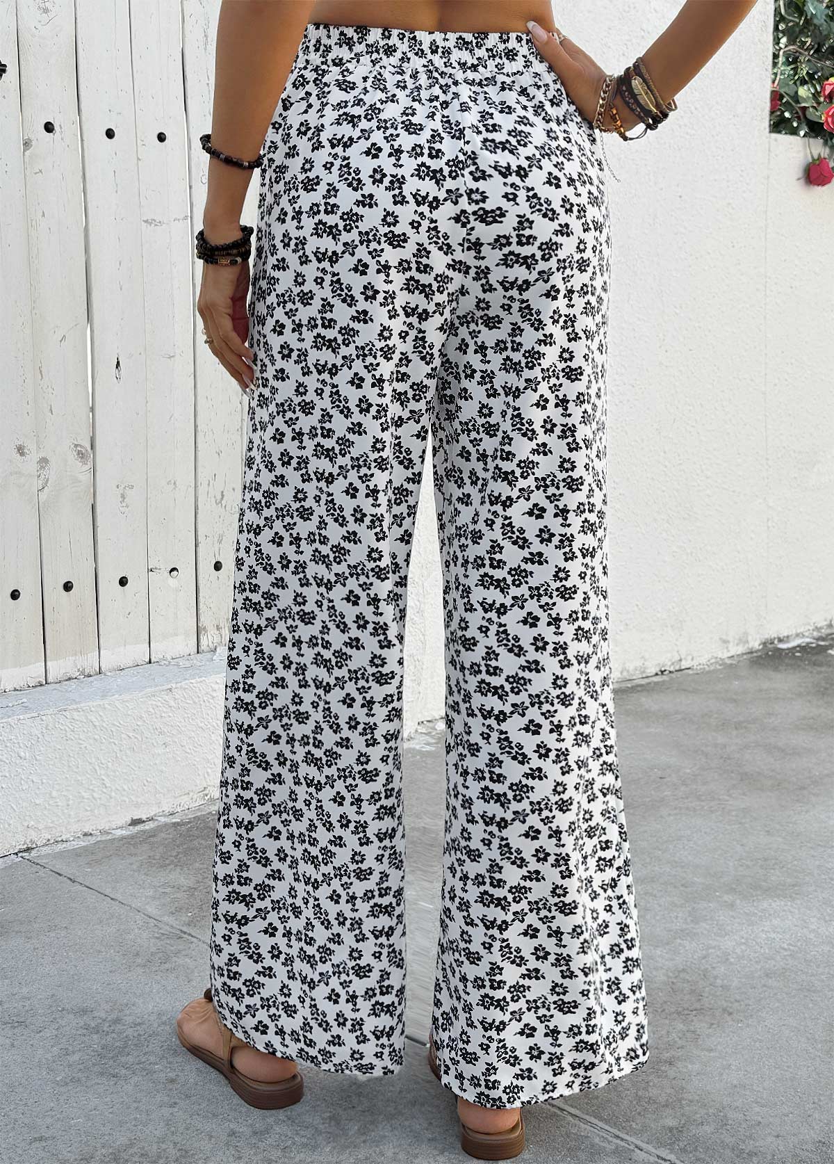 Ditsy Floral Print White Wide Leg Elastic Waist Pants