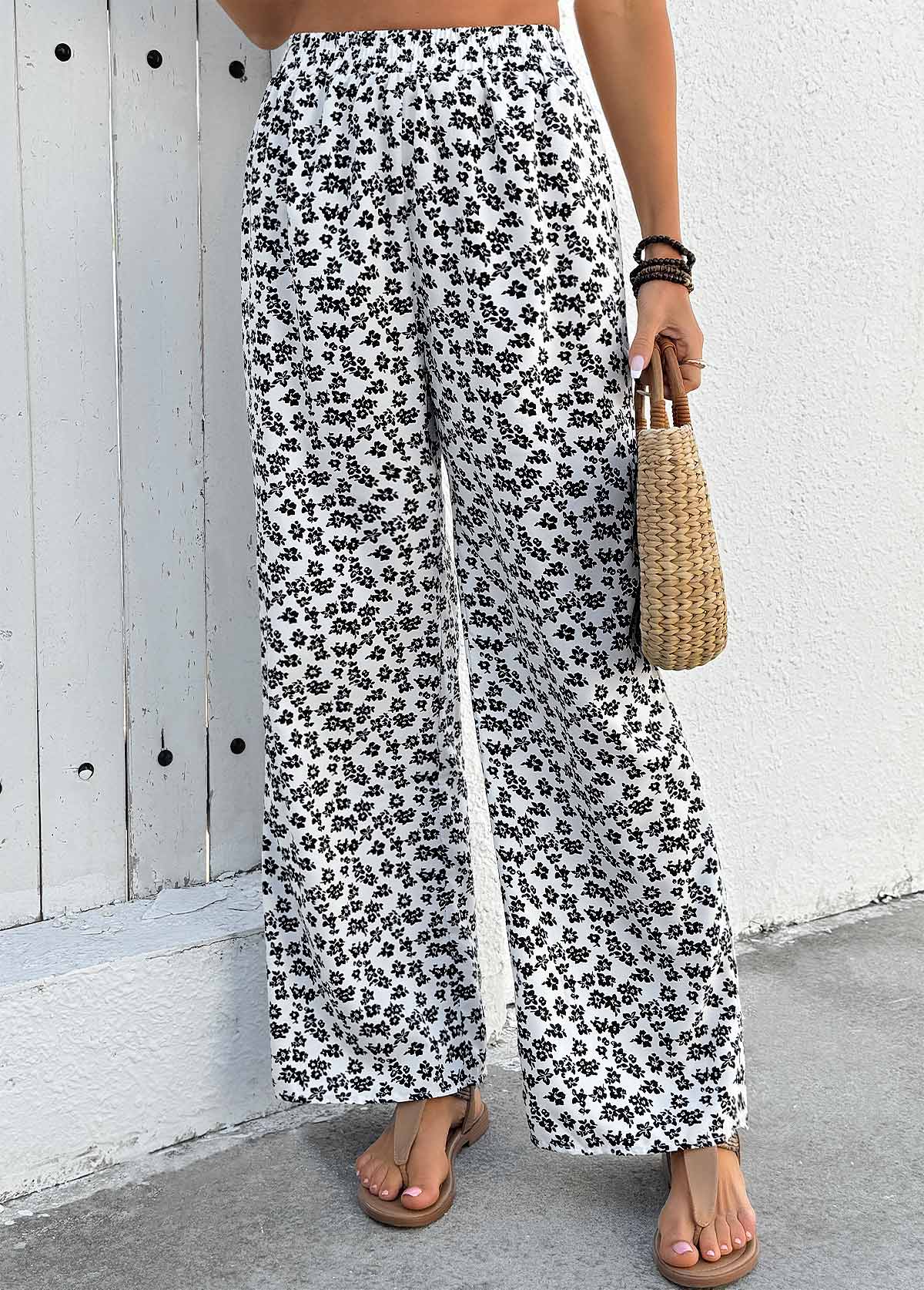 Ditsy Floral Print White Wide Leg Elastic Waist Pants