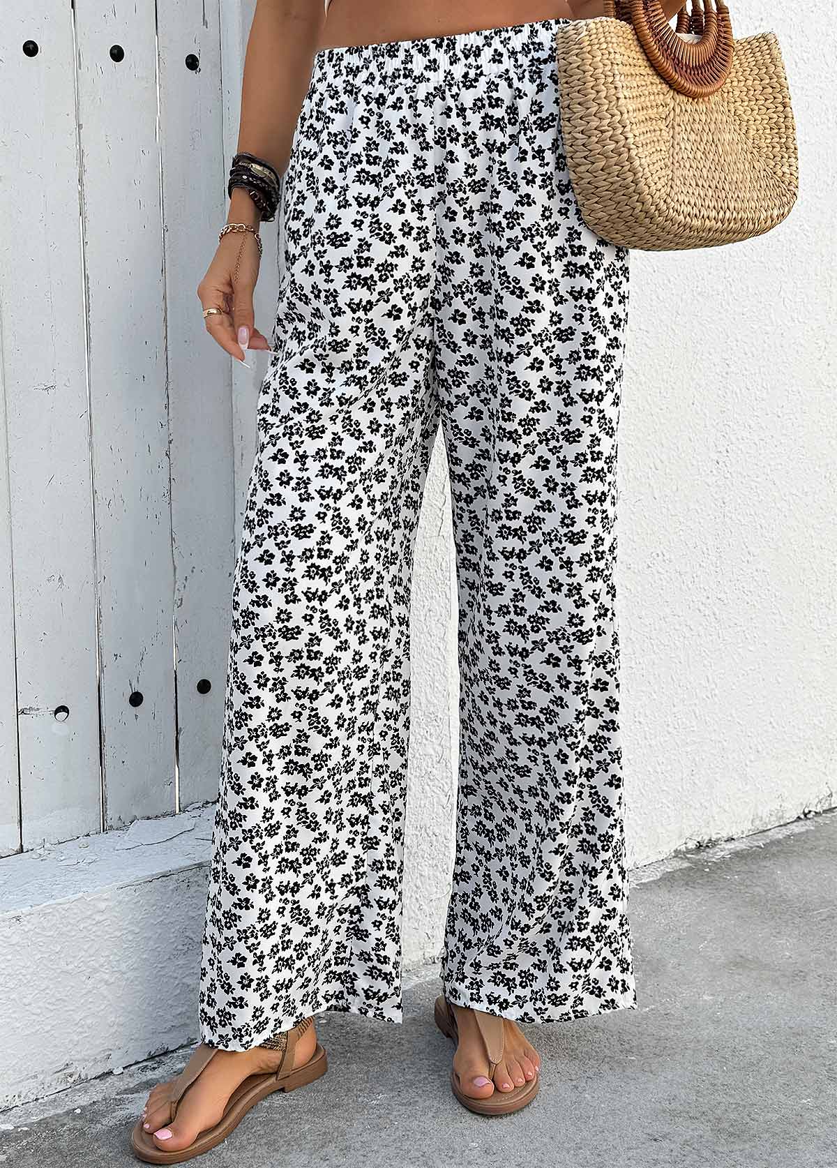 Ditsy Floral Print White Wide Leg Elastic Waist Pants