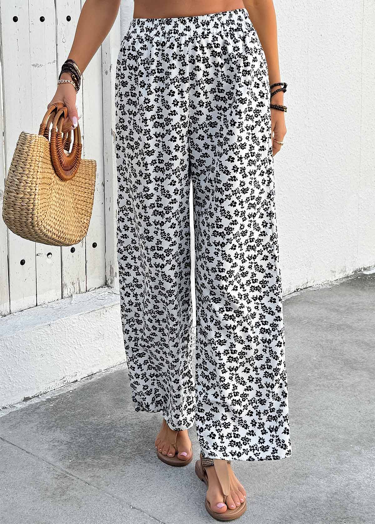Ditsy Floral Print White Wide Leg Elastic Waist Pants