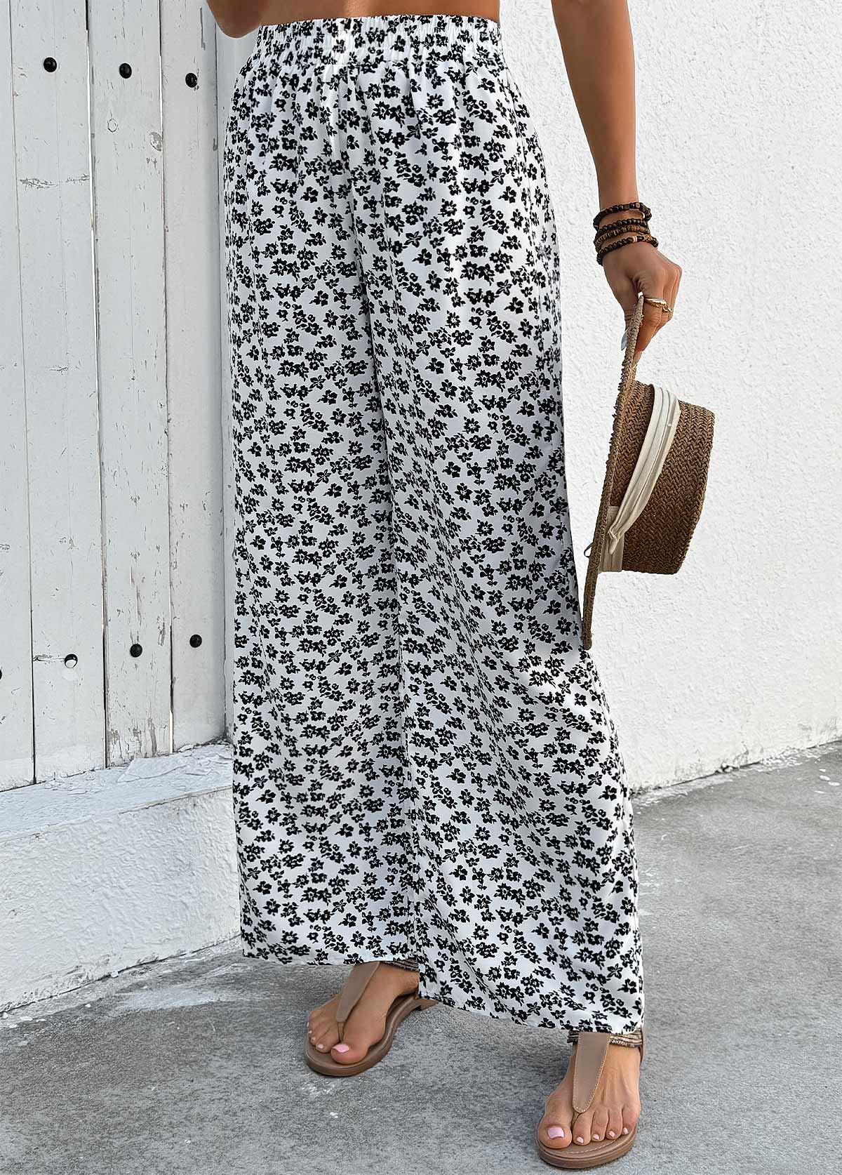 Ditsy Floral Print White Wide Leg Elastic Waist Pants