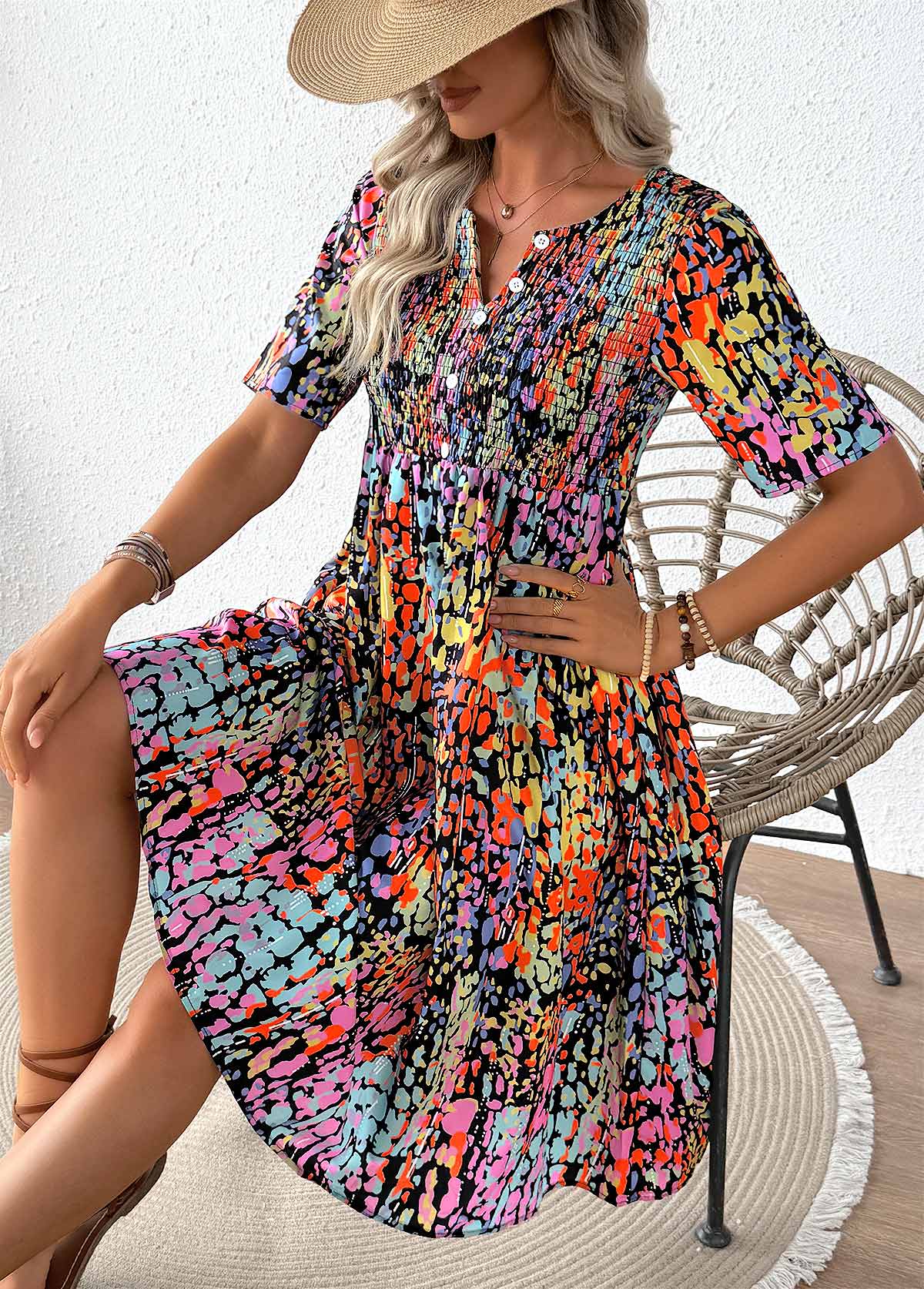 Tribal Print Smocked Multi Color Short Sleeve Dress