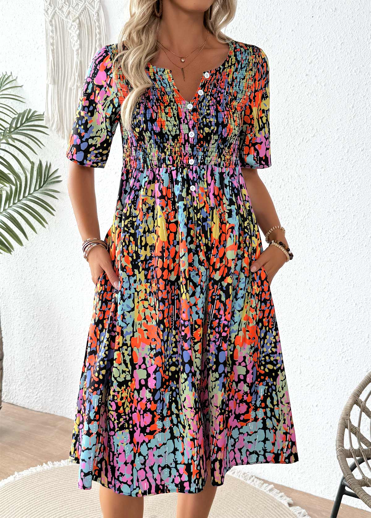 Tribal Print Smocked Multi Color Short Sleeve Dress