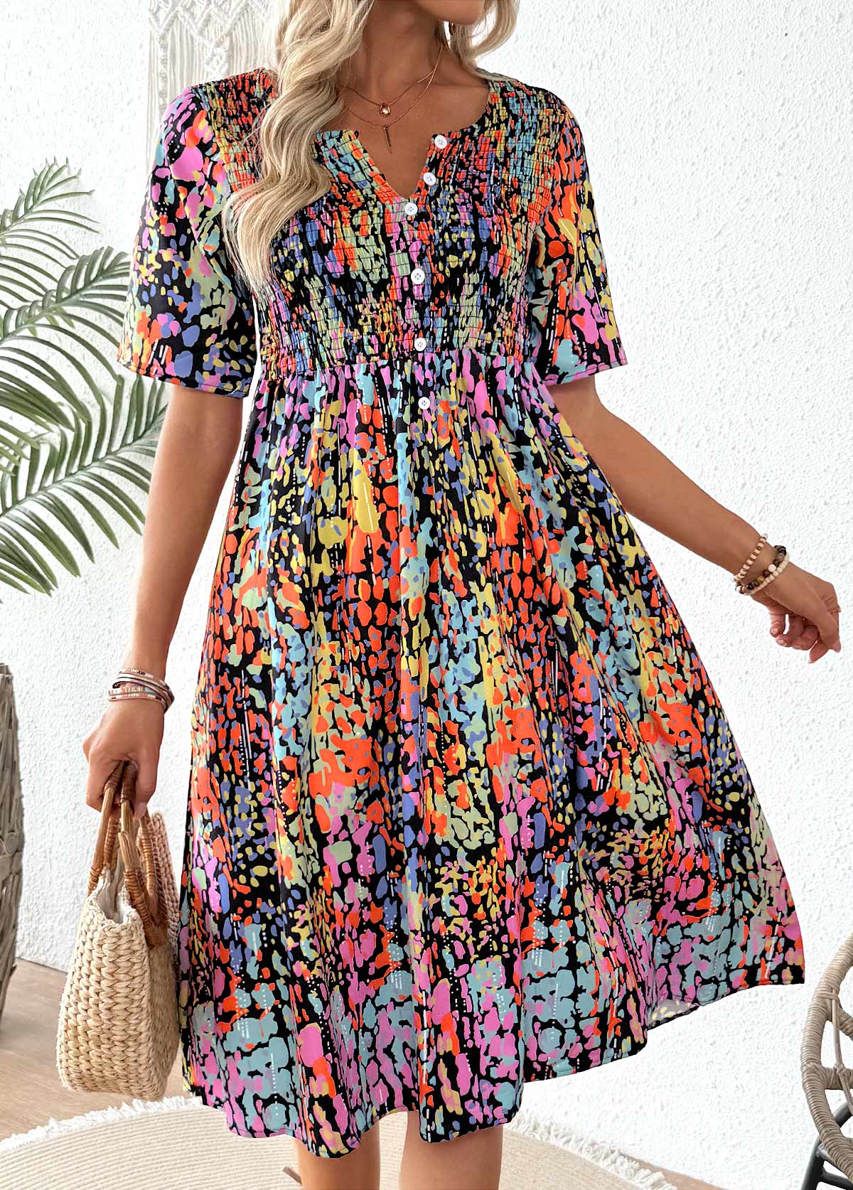 Tribal Print Smocked Multi Color Short Sleeve Dress
