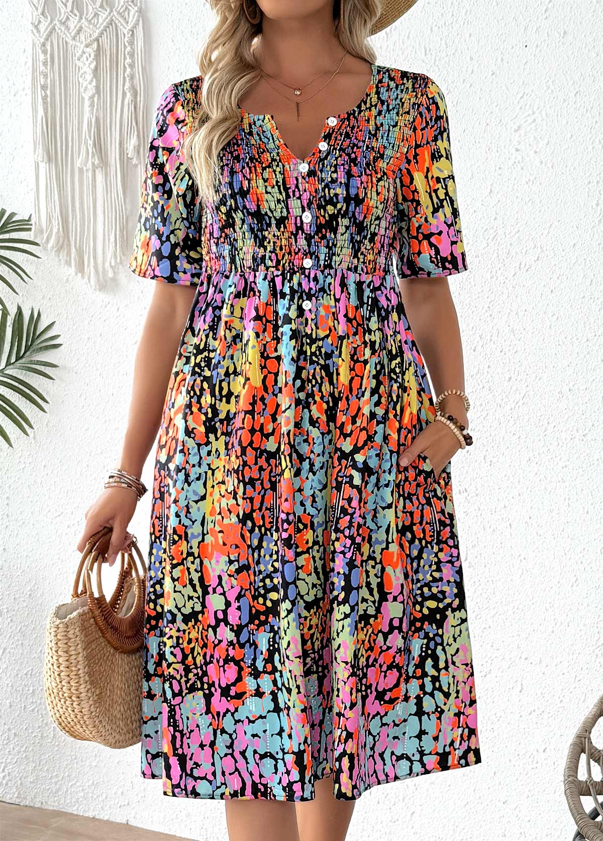Tribal Print Smocked Multi Color Short Sleeve Dress