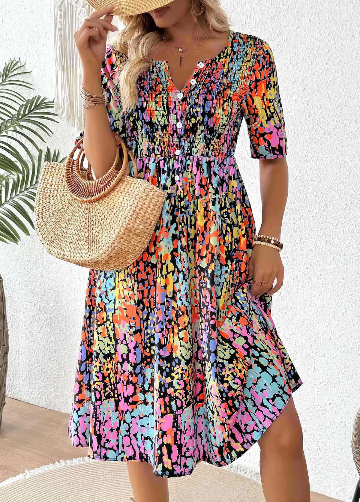 Tribal Print Smocked Multi Color Short Sleeve Dress