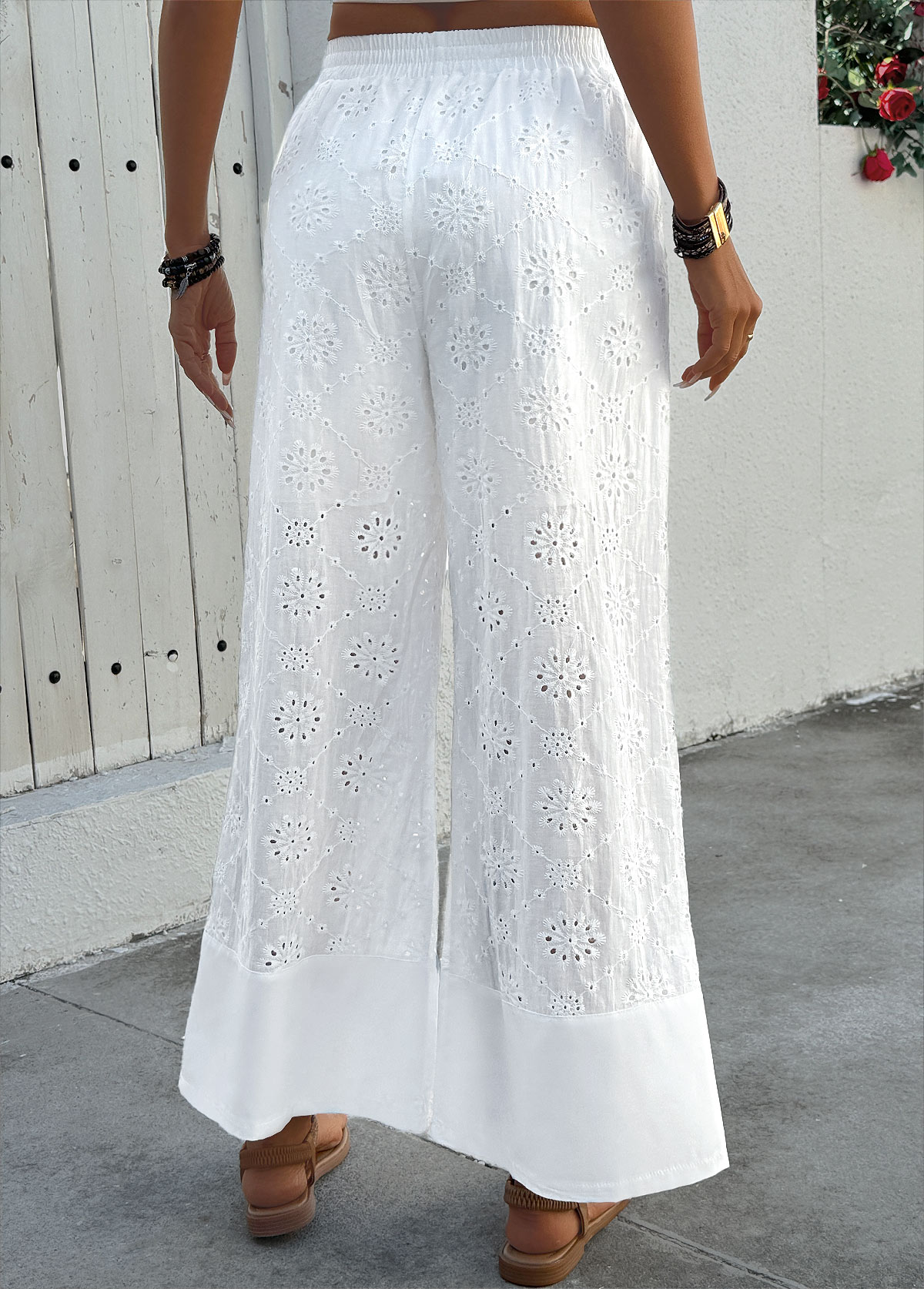Soft White Wide Leg Elastic Waist High Waisted Pants